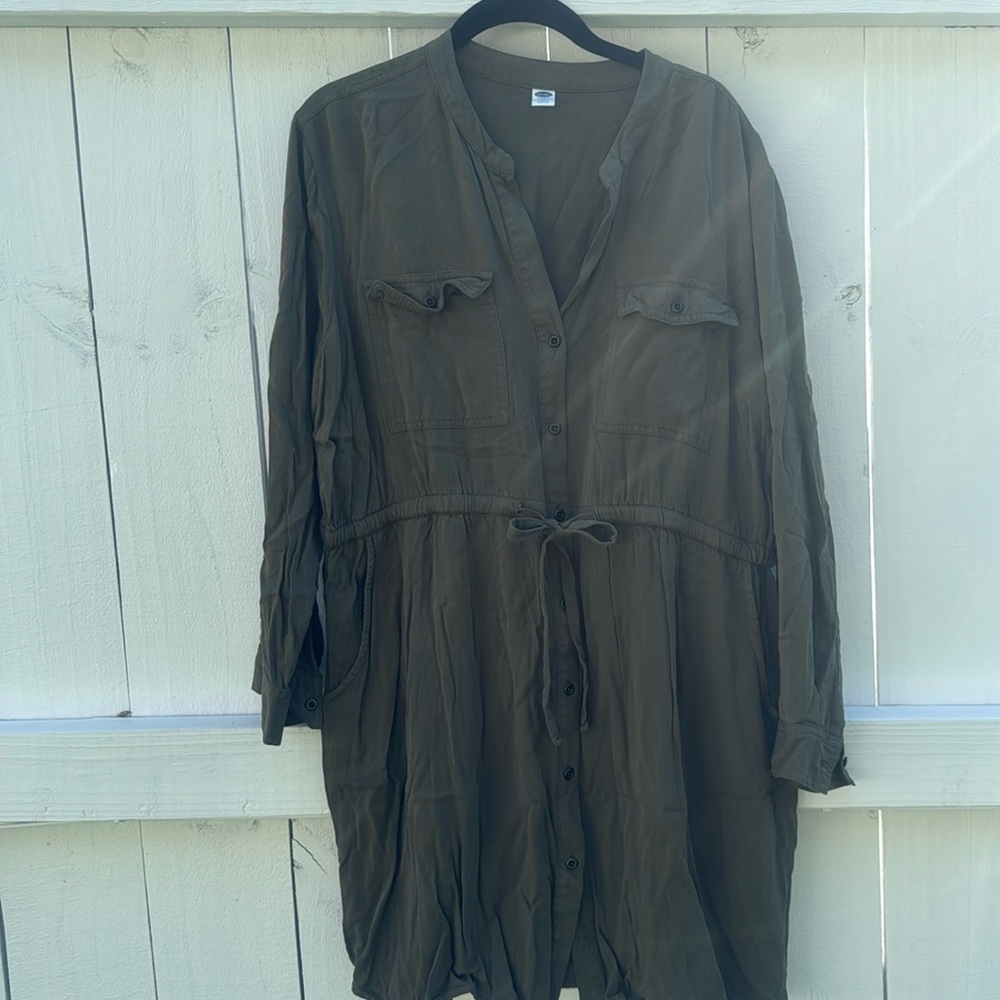Olive Green Button-Front Women’s Shirt Dress